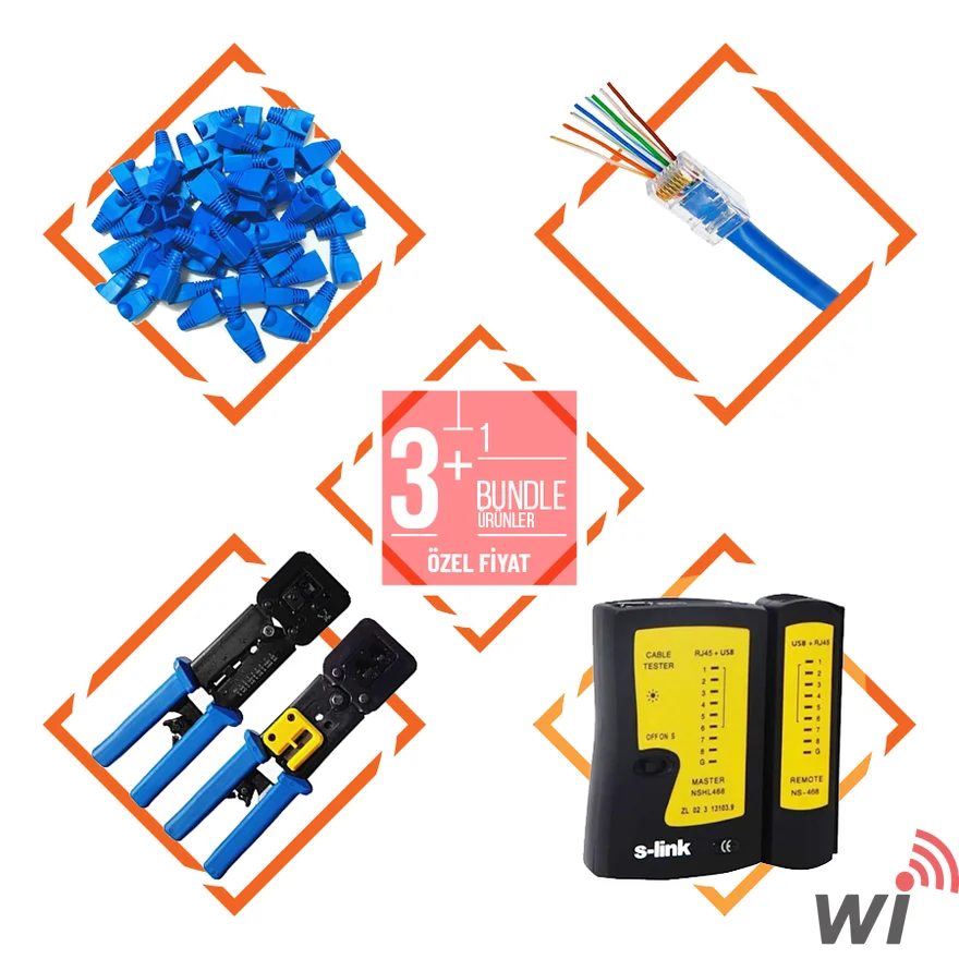 BUNDLE Yeni Nesil RJ45 Konnektör + Kılıf + Yeni Nesil Pense + Test Cihazı