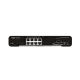Siyah ağ anahtarı, ön yüzde 8 ethernet portu ve 2 SFP yuvası, sağda güç girişi ve LED göstergeler